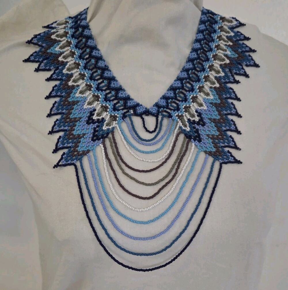 Native Style Beaded Necklace Blue Brown And White
